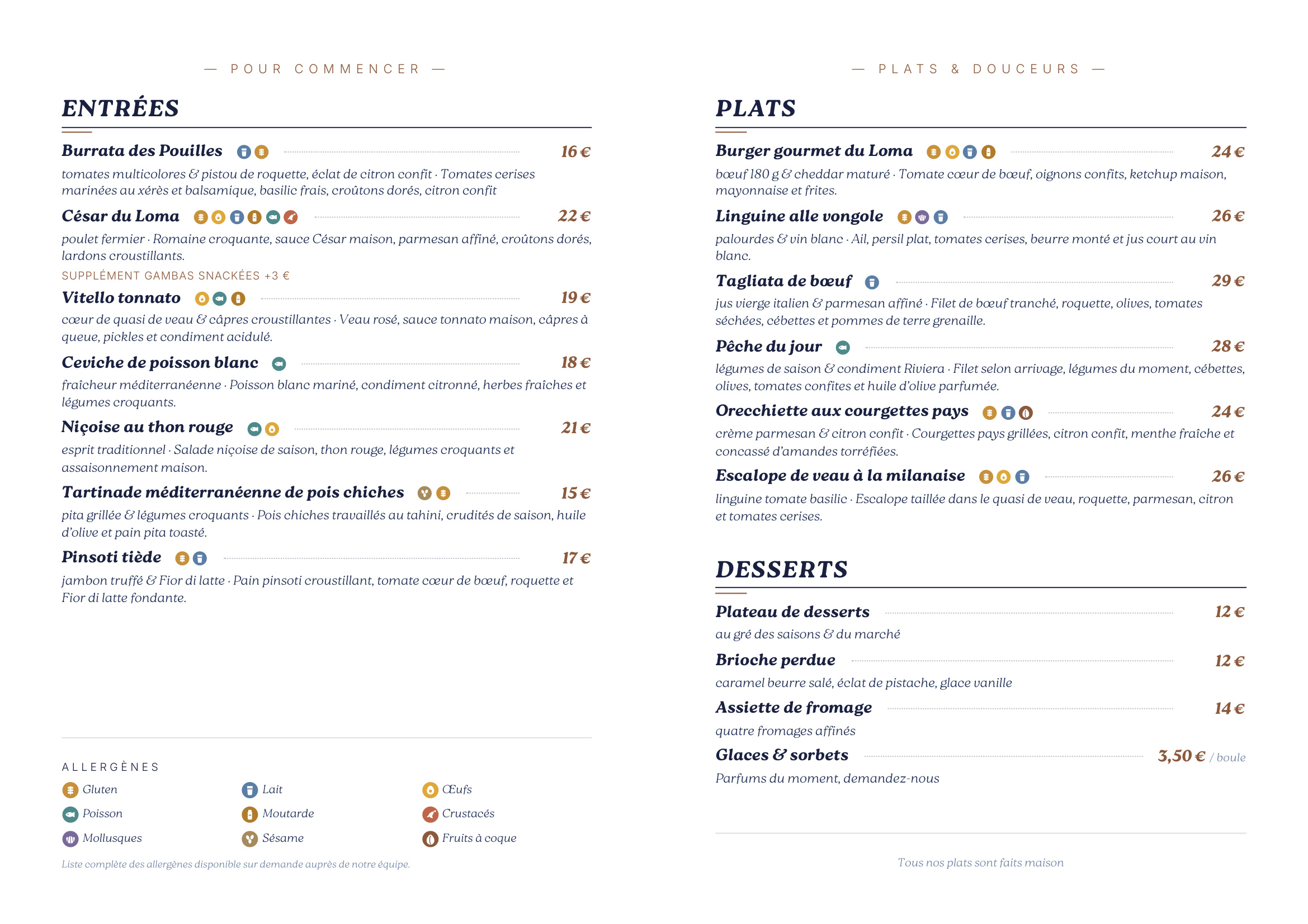 La carte du Loma : entr&eacute;es, plats et desserts faits maison